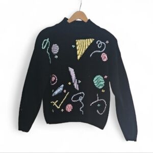 Jamie Scott Vintage 80s Geometric Sweater Sz M Black Pastel Holiday Retro Whimsy
